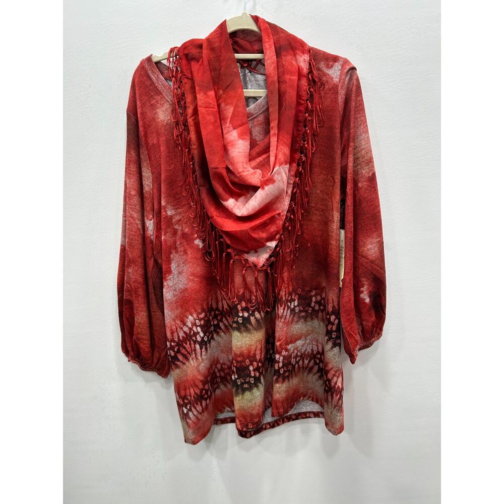 One World Womens Red Tie Dye Long Sleeve Tunic Top With‎ Matching Scarf Size 2X